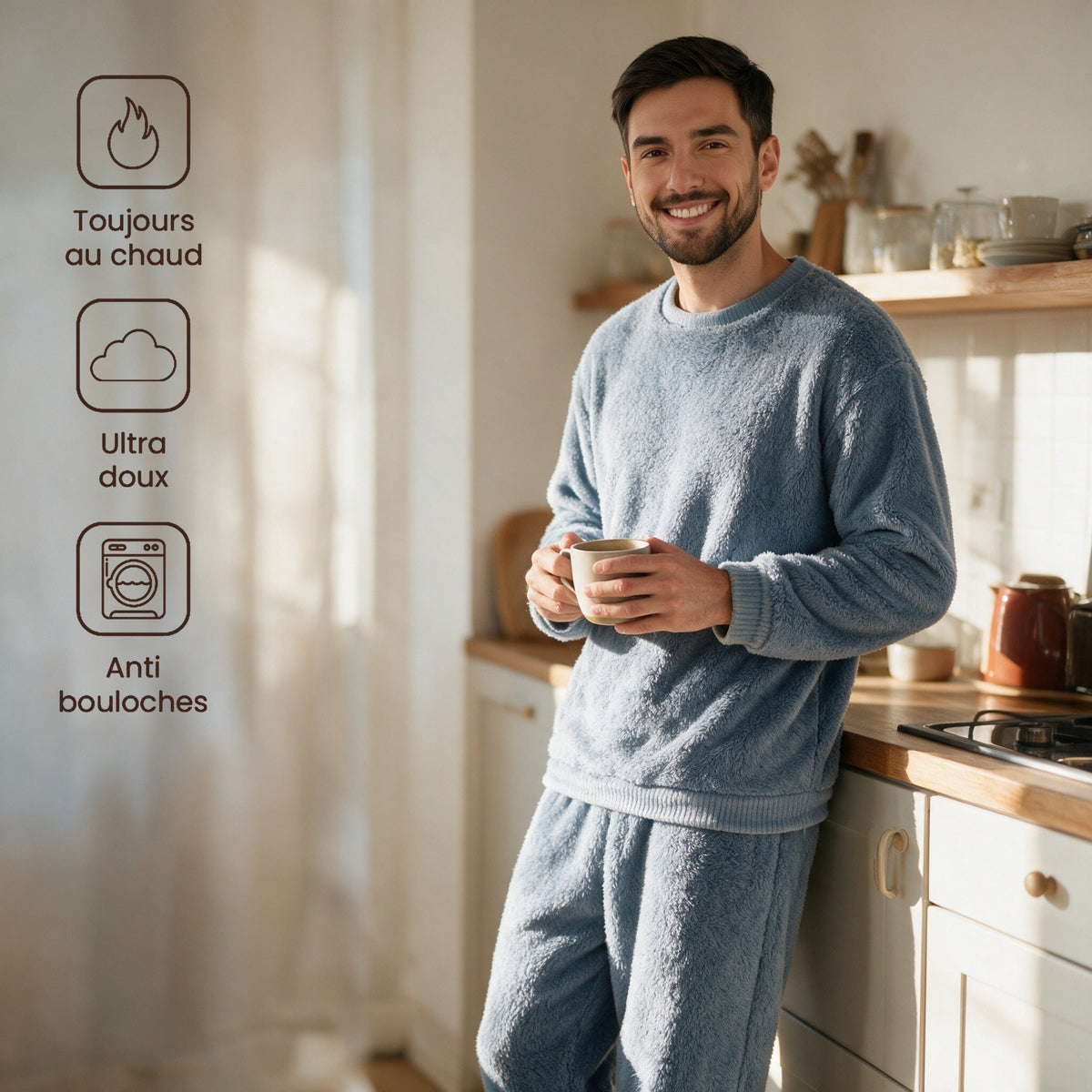 Pyjama pilou pilou homme bleu - Pantouflard - Bleu Ciel