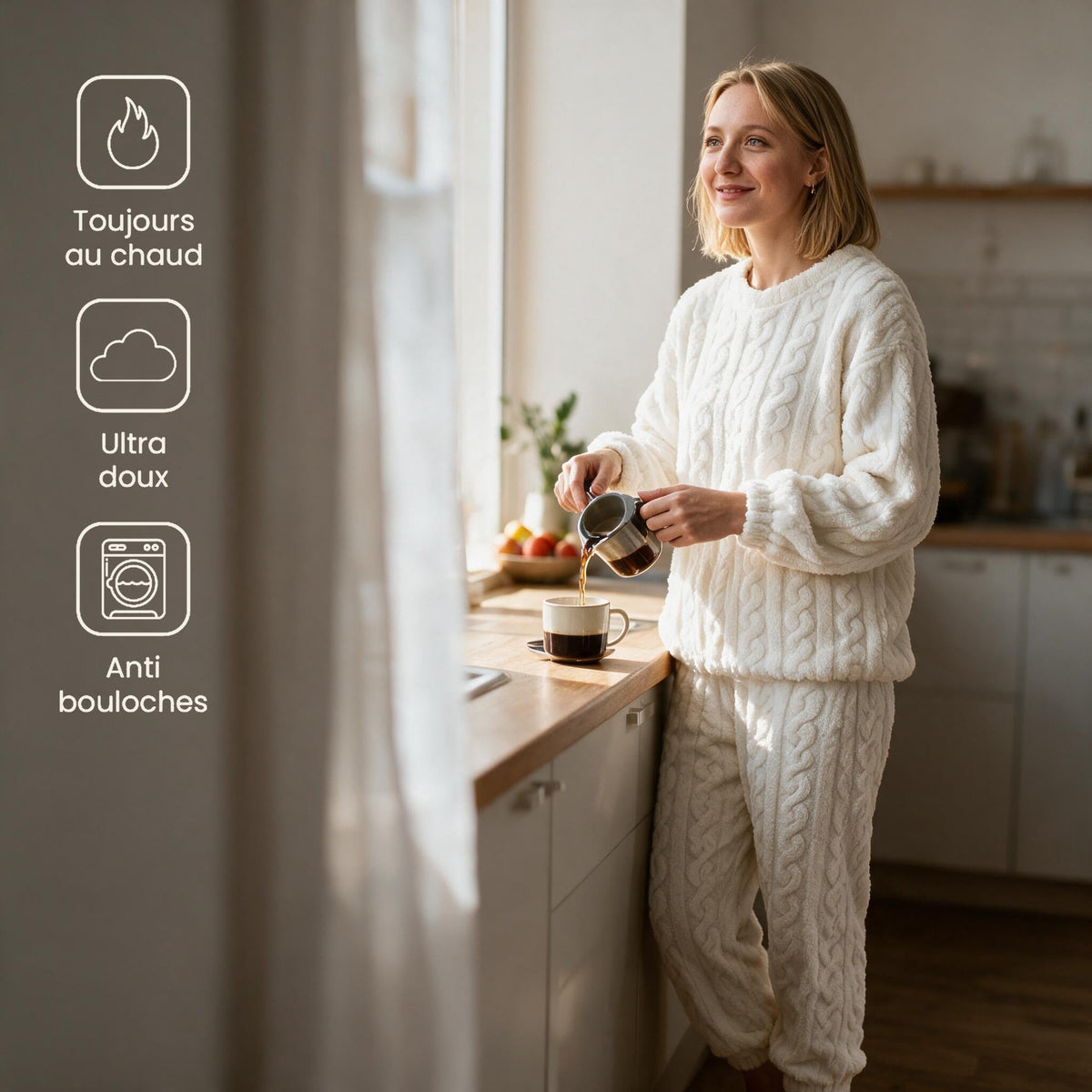 Pyjama pilou pilou femme Noël - Brioche - Blanc