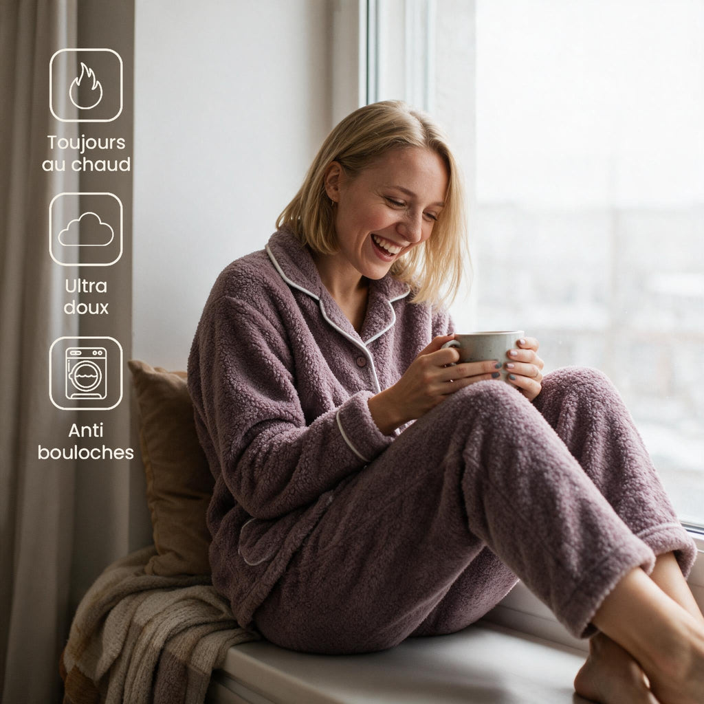 Pyjama femme hiver original - Guimauve - Violet Liseré Blanc