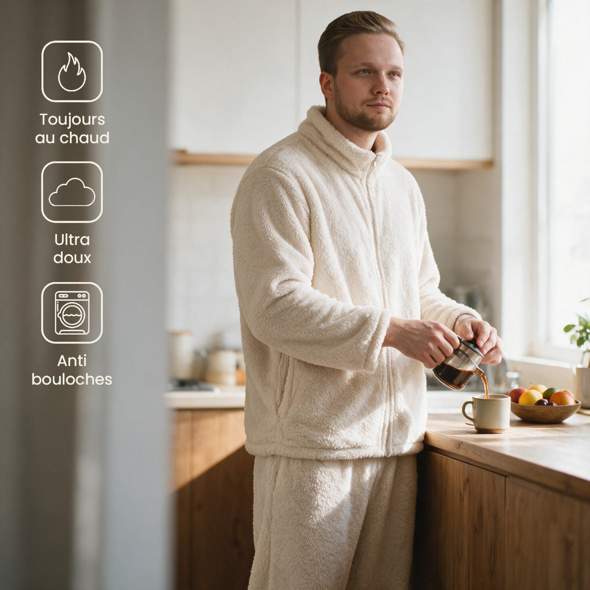 Pyjama polaire homme - Marmotte - Blanc Cassé