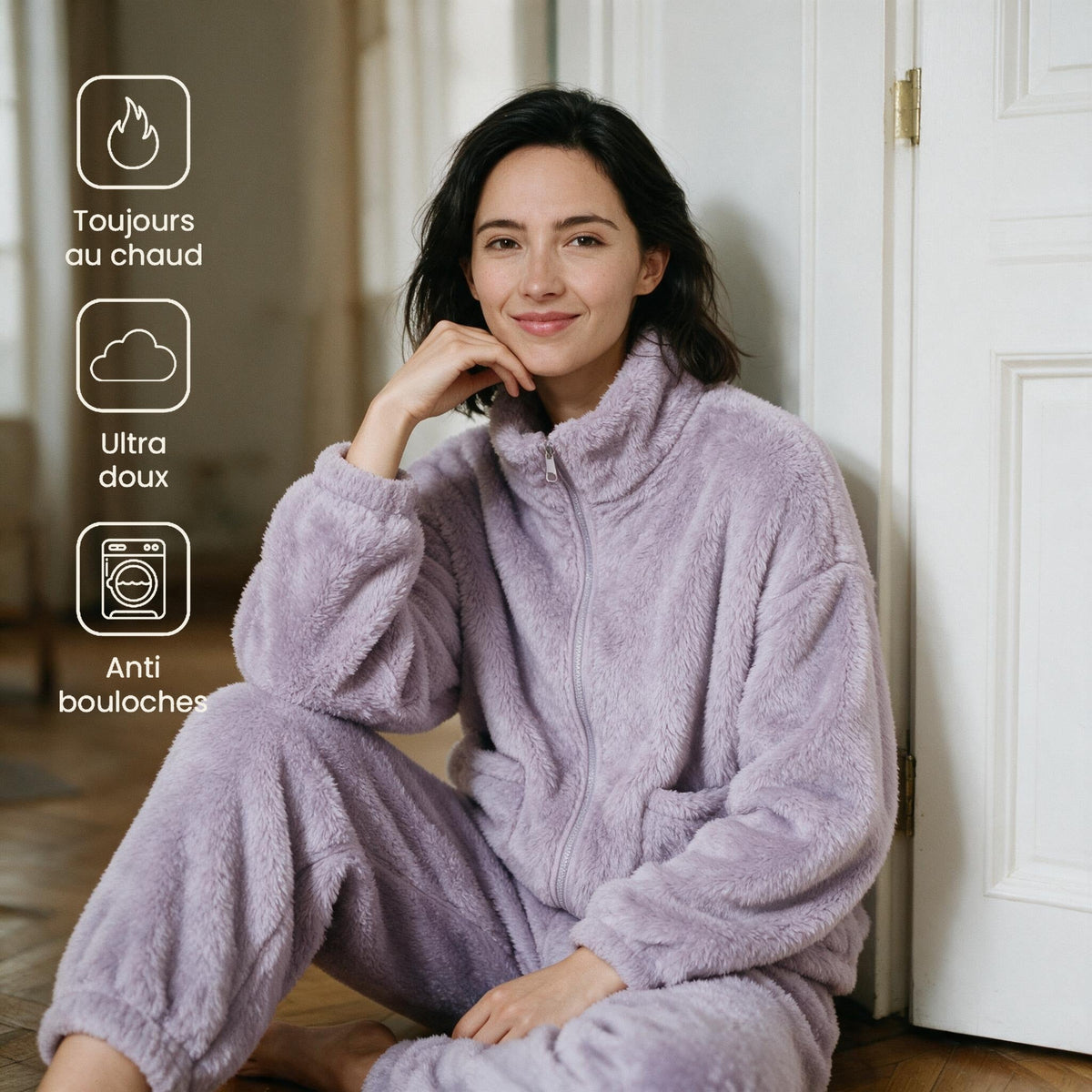 Pyjama veste polaire femme - Plume - Lilas